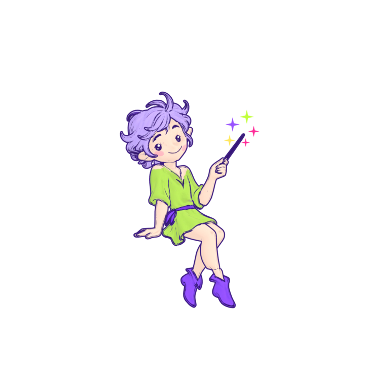 Our Chief Glimmer Officer: a sprite with lilac hair, perched in mid-air, holding a sparkling wand